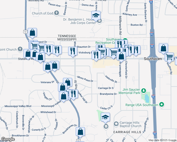 map of restaurants, bars, coffee shops, grocery stores, and more near 8875 Yorktown Drive in Southaven