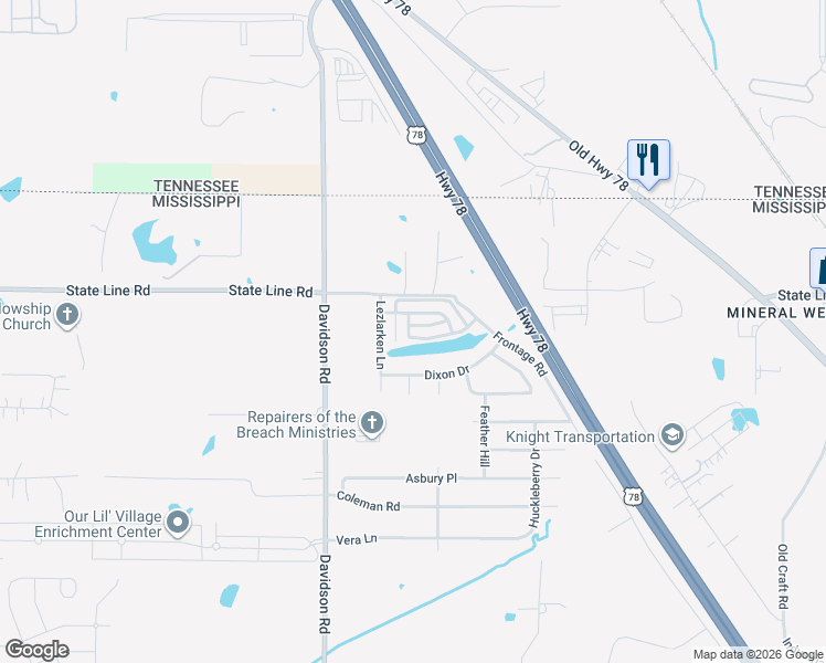 map of restaurants, bars, coffee shops, grocery stores, and more near 6225 Arlington Lane in Olive Branch