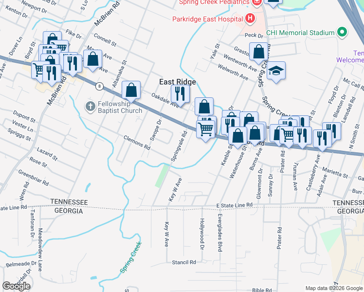 map of restaurants, bars, coffee shops, grocery stores, and more near 1513 Springvale Road in Chattanooga