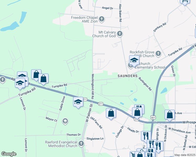map of restaurants, bars, coffee shops, grocery stores, and more near 332 Mockingbird Hill Road in Raeford