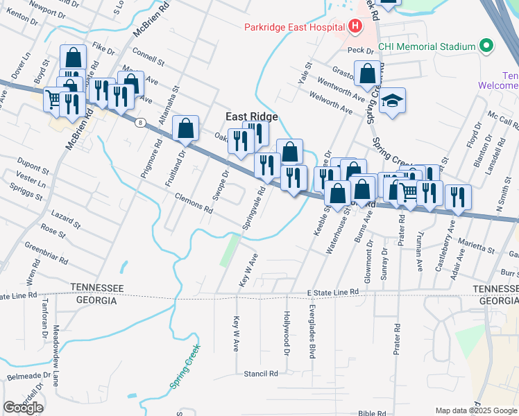 map of restaurants, bars, coffee shops, grocery stores, and more near 1513 Springvale Road in Chattanooga