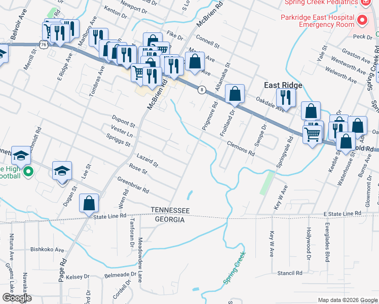 map of restaurants, bars, coffee shops, grocery stores, and more near 1613a Prigmore Road in East Ridge