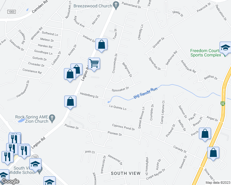 map of restaurants, bars, coffee shops, grocery stores, and more near 2565 Spinnaker Drive in Hope Mills