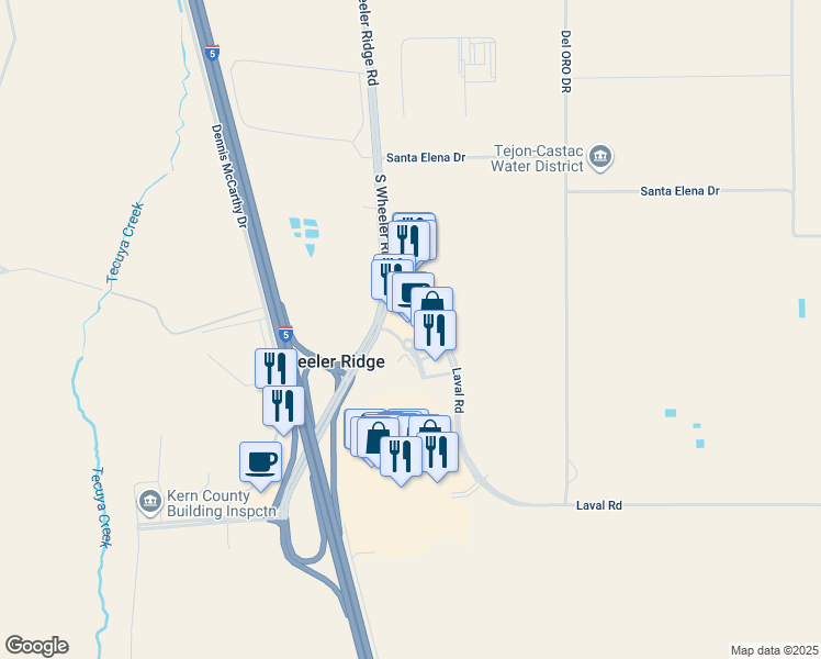 map of restaurants, bars, coffee shops, grocery stores, and more near 5555 Laval Road in Arvin