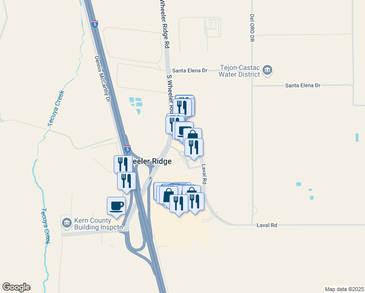 map of restaurants, bars, coffee shops, grocery stores, and more near 5555 Laval Road in Arvin