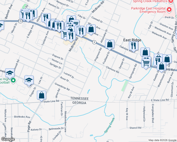 map of restaurants, bars, coffee shops, grocery stores, and more near 1613a Prigmore Road in East Ridge