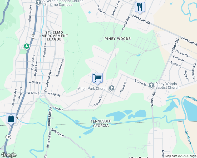 map of restaurants, bars, coffee shops, grocery stores, and more near 5216 Slayton Avenue in Chattanooga