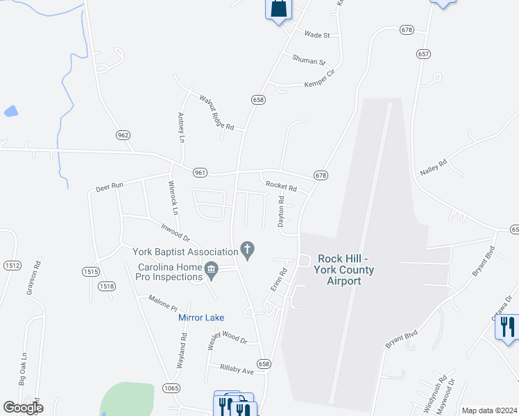 map of restaurants, bars, coffee shops, grocery stores, and more near 6014 Featherstone Court in Rock Hill