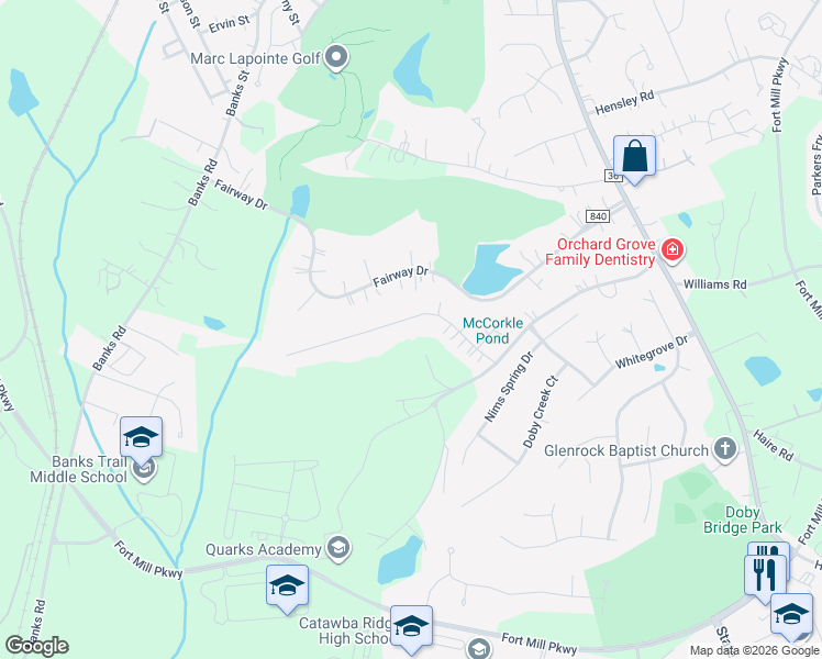 map of restaurants, bars, coffee shops, grocery stores, and more near 113 Spring Branch Road in Fort Mill
