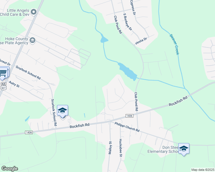 map of restaurants, bars, coffee shops, grocery stores, and more near 542 Driftwood Lane in Raeford
