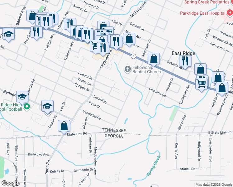map of restaurants, bars, coffee shops, grocery stores, and more near 5337 Dupont Street in Chattanooga
