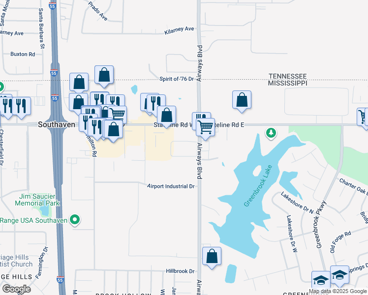 map of restaurants, bars, coffee shops, grocery stores, and more near 35 Stateline Road West in Southaven