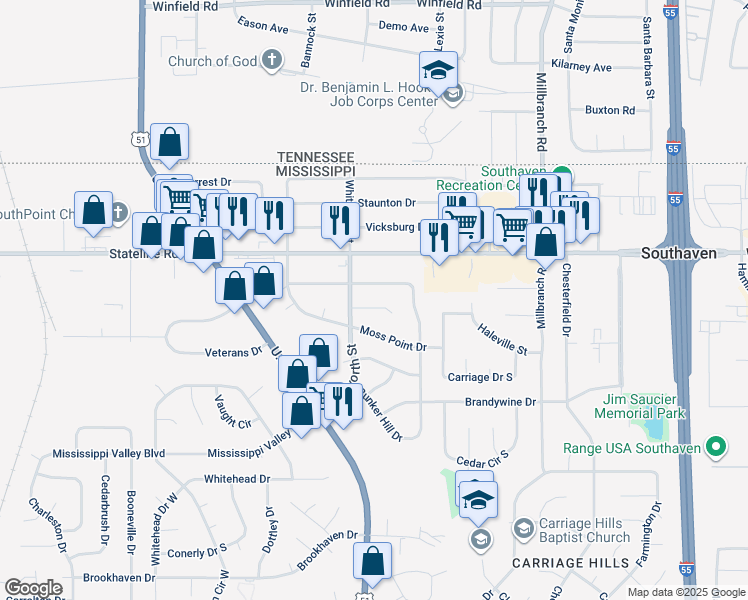 map of restaurants, bars, coffee shops, grocery stores, and more near 1411 Ticonderoga Drive in Southaven