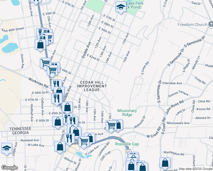 map of restaurants, bars, coffee shops, grocery stores, and more near 4308 15th Avenue in Chattanooga