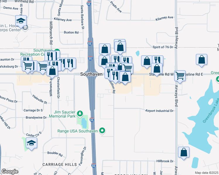 map of restaurants, bars, coffee shops, grocery stores, and more near 8792 Hamilton Road in Southaven