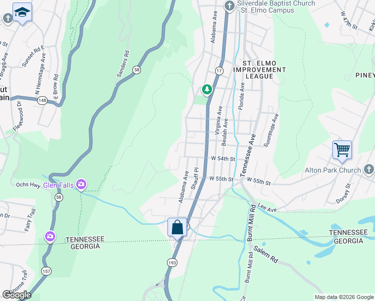 map of restaurants, bars, coffee shops, grocery stores, and more near 1610 West 53rd Street in Chattanooga