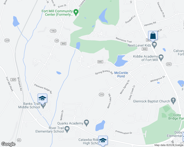 map of restaurants, bars, coffee shops, grocery stores, and more near 130 Spring Branch Road in Fort Mill