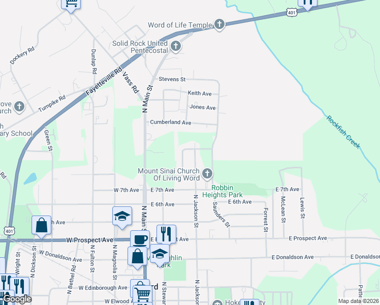 map of restaurants, bars, coffee shops, grocery stores, and more near 925 Johnson Street in Raeford