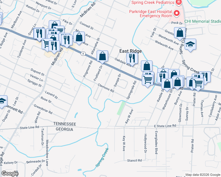 map of restaurants, bars, coffee shops, grocery stores, and more near 5515 Clemons Road in Chattanooga
