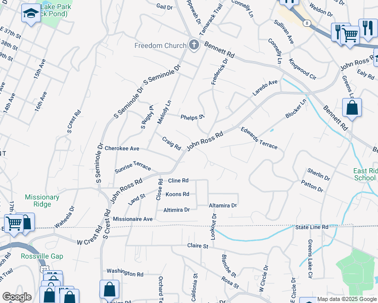 map of restaurants, bars, coffee shops, grocery stores, and more near 1518 John Ross Road in Chattanooga