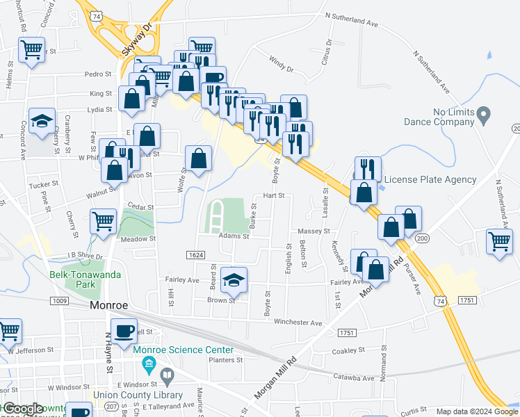 map of restaurants, bars, coffee shops, grocery stores, and more near 727 Boyte Street in Monroe