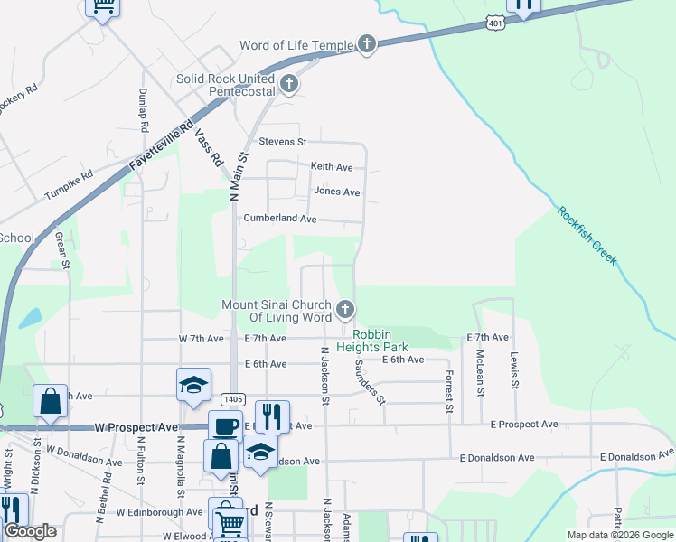 map of restaurants, bars, coffee shops, grocery stores, and more near 922 Johnson Street in Raeford