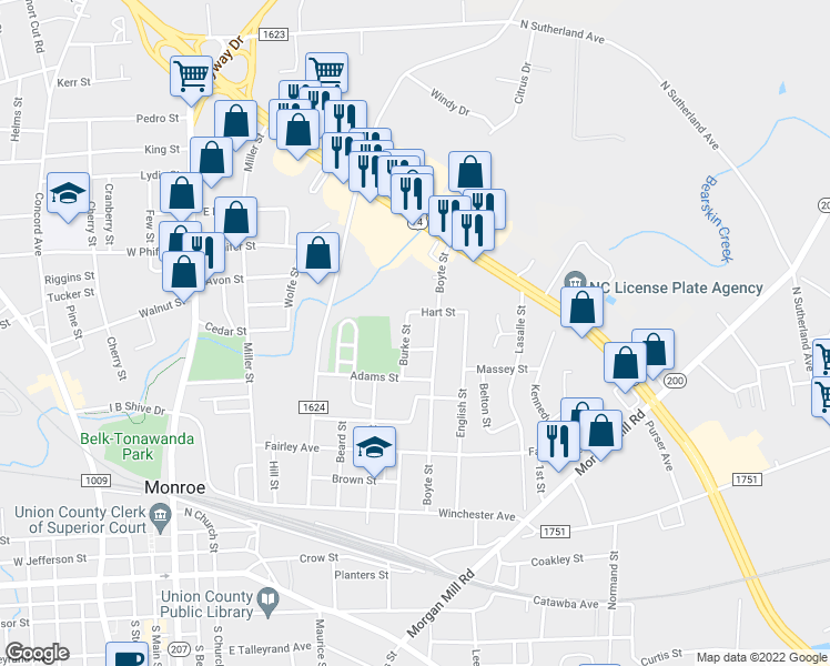map of restaurants, bars, coffee shops, grocery stores, and more near 727 Boyte Street in Monroe