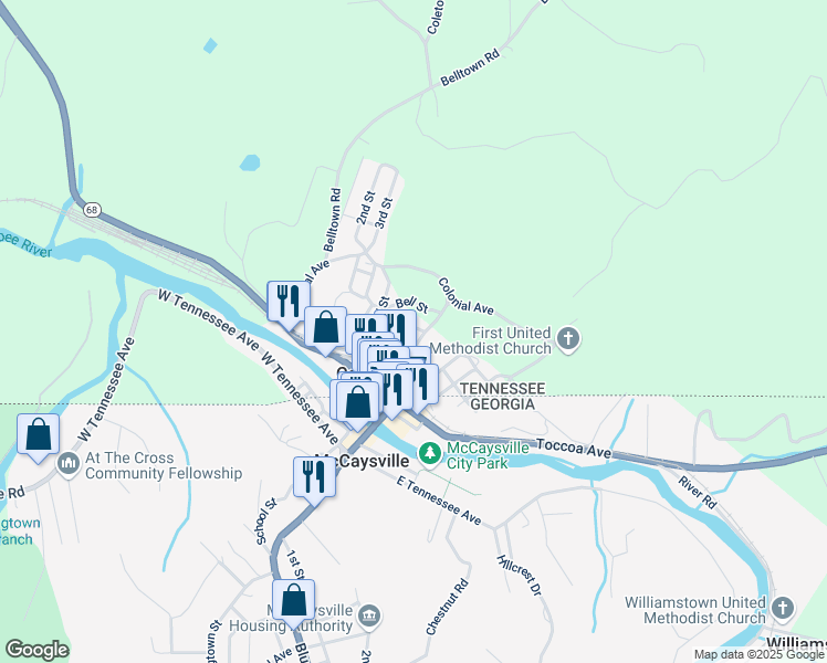 map of restaurants, bars, coffee shops, grocery stores, and more near 134 Church Street in Calhoun