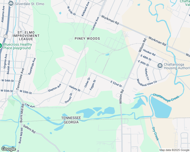 map of restaurants, bars, coffee shops, grocery stores, and more near 5200 Usher Street in Chattanooga