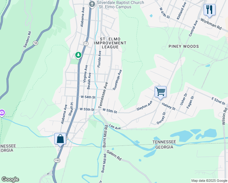 map of restaurants, bars, coffee shops, grocery stores, and more near 5212 Sunnyside Avenue in Chattanooga