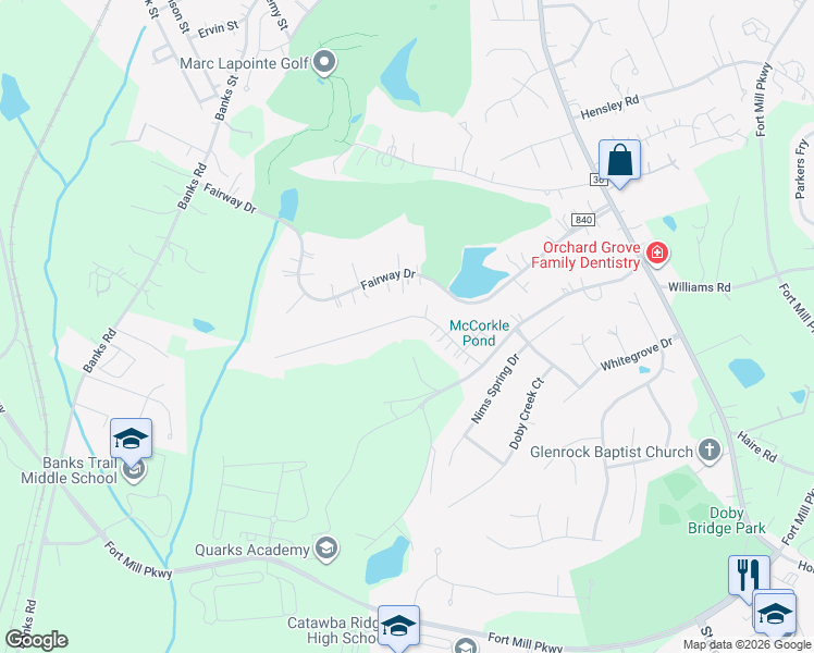 map of restaurants, bars, coffee shops, grocery stores, and more near 113 Spring Branch Road in Fort Mill