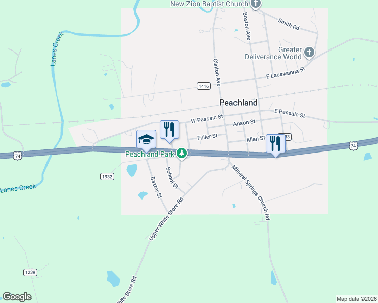 map of restaurants, bars, coffee shops, grocery stores, and more near Andrew Jackson Hwy in Peachland