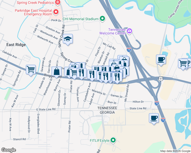 map of restaurants, bars, coffee shops, grocery stores, and more near 6205 Ringgold Road in Chattanooga