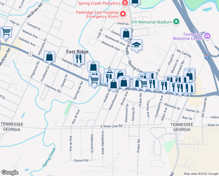 map of restaurants, bars, coffee shops, grocery stores, and more near 5740 Ringgold Road in East Ridge