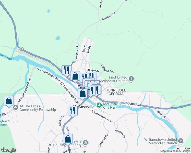 map of restaurants, bars, coffee shops, grocery stores, and more near 134 Church Street in Calhoun