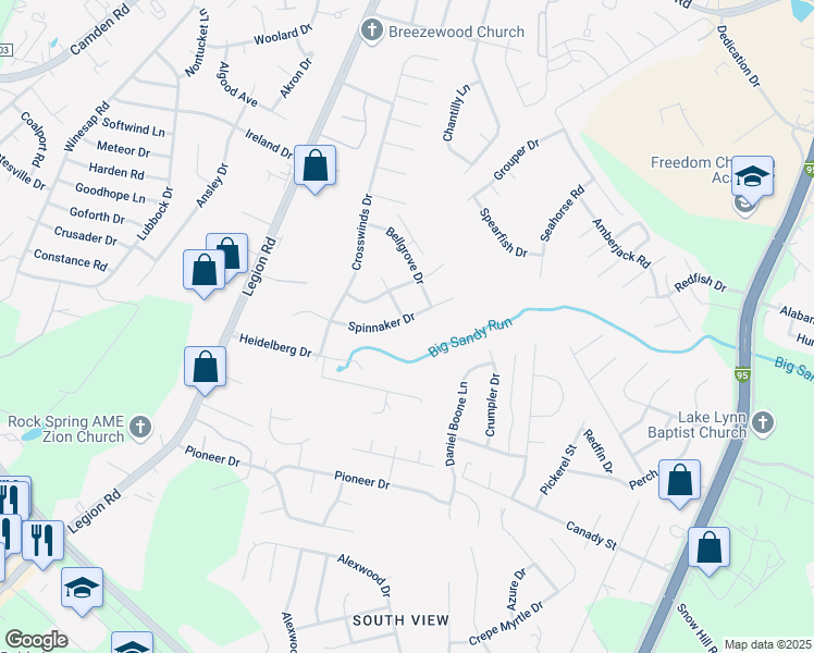 map of restaurants, bars, coffee shops, grocery stores, and more near 2541 Spinnaker Drive in Hope Mills