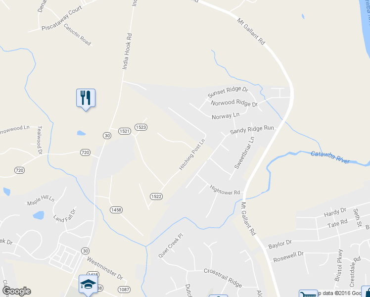map of restaurants, bars, coffee shops, grocery stores, and more near 2407 Creek Crossing in Rock Hill