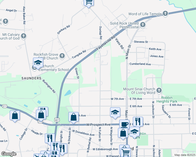 map of restaurants, bars, coffee shops, grocery stores, and more near 1007 North Fulton Street in Raeford