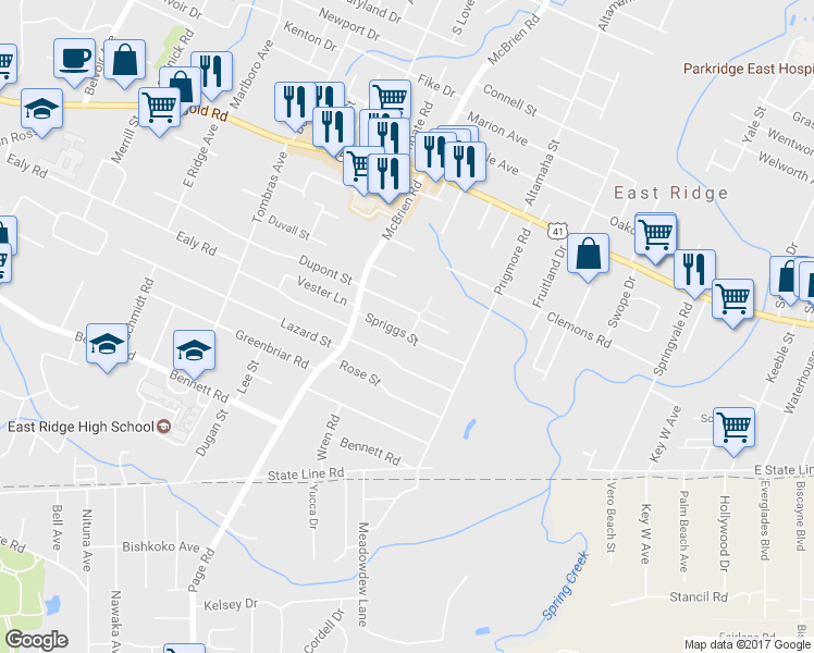 map of restaurants, bars, coffee shops, grocery stores, and more near 5321 Spriggs Street in Chattanooga