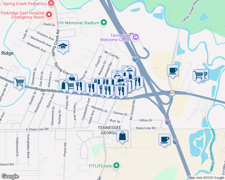 map of restaurants, bars, coffee shops, grocery stores, and more near 1441 North Smith Street in Chattanooga