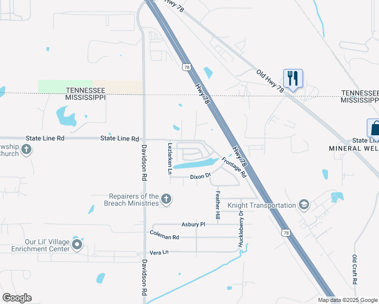 map of restaurants, bars, coffee shops, grocery stores, and more near 6225 Arlington Lane in Olive Branch