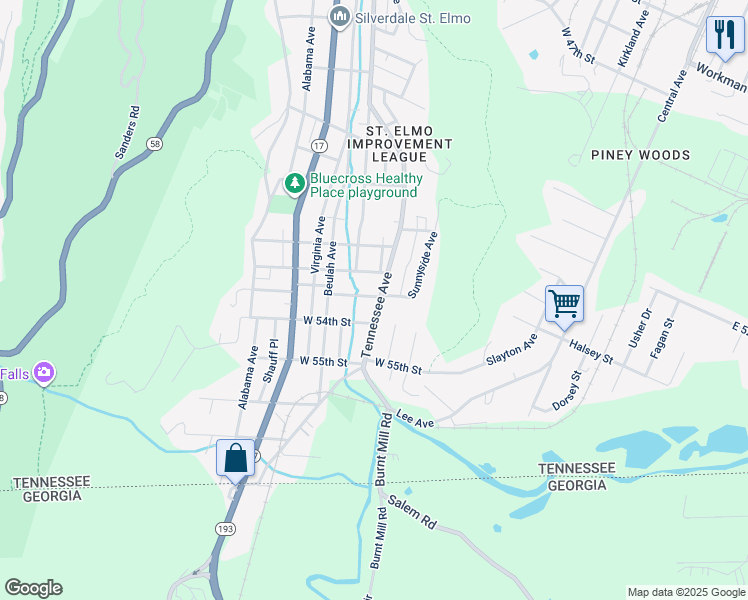 map of restaurants, bars, coffee shops, grocery stores, and more near 5301 Tennessee Avenue in Chattanooga