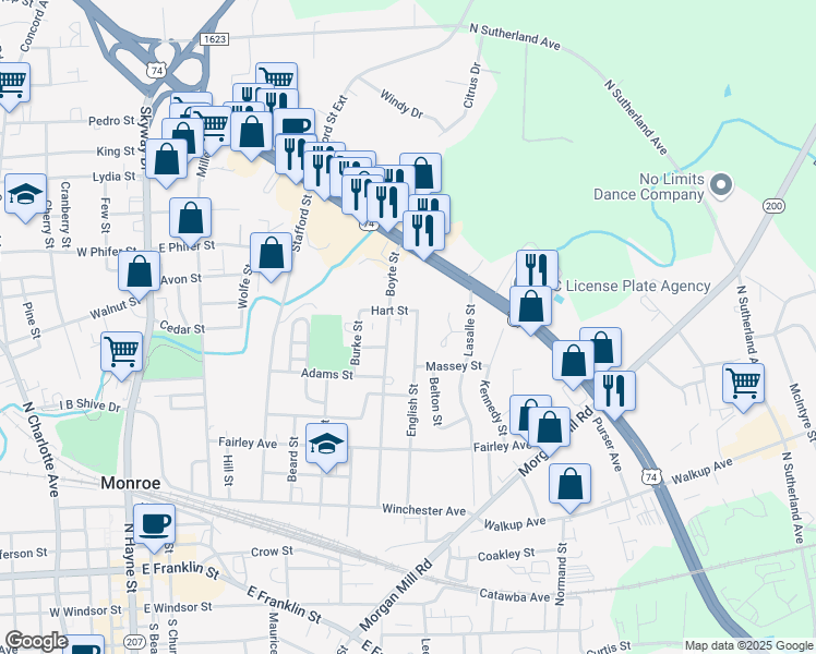 map of restaurants, bars, coffee shops, grocery stores, and more near 725 English Street in Monroe