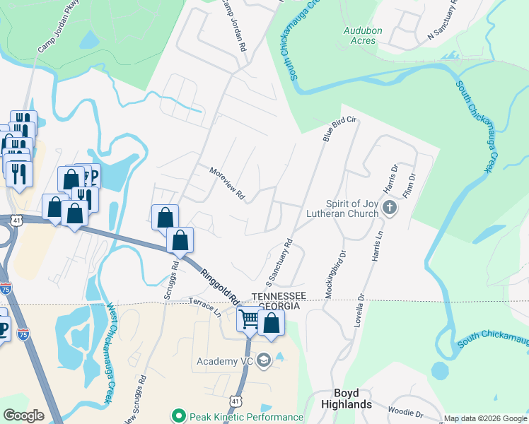 map of restaurants, bars, coffee shops, grocery stores, and more near 407 Meadowlark Trail in Chattanooga