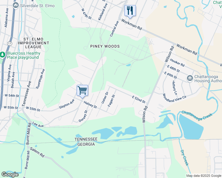map of restaurants, bars, coffee shops, grocery stores, and more near 5200 Usher Street in Chattanooga