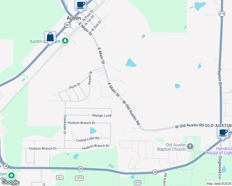 map of restaurants, bars, coffee shops, grocery stores, and more near 1038 East Main Street in Austin