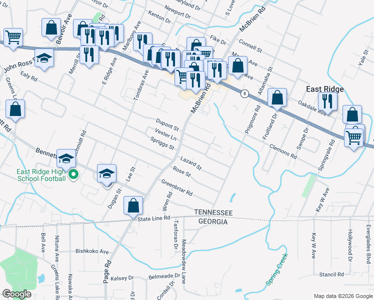 map of restaurants, bars, coffee shops, grocery stores, and more near 5306 Spriggs Street in Chattanooga