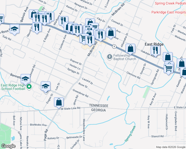 map of restaurants, bars, coffee shops, grocery stores, and more near 5321 Spriggs Street in Chattanooga