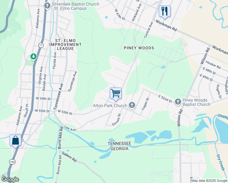 map of restaurants, bars, coffee shops, grocery stores, and more near 5216 Slayton Avenue in Chattanooga