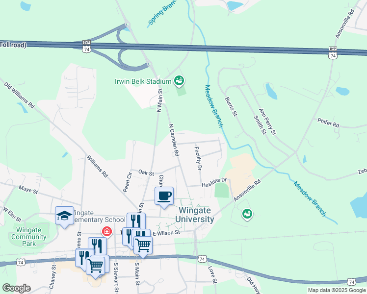 map of restaurants, bars, coffee shops, grocery stores, and more near 407 Faculty Drive in Wingate